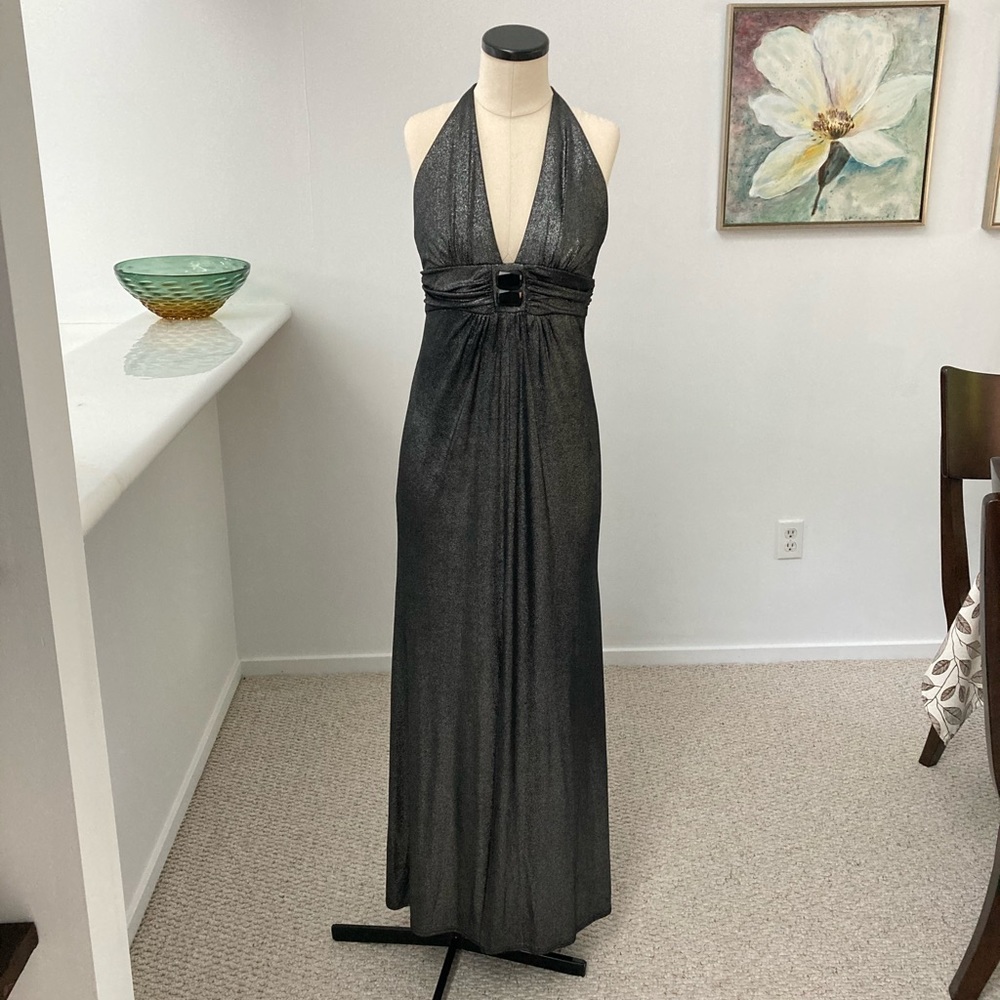 Jessica McClintock Metalic Front Slit Halter Dress
